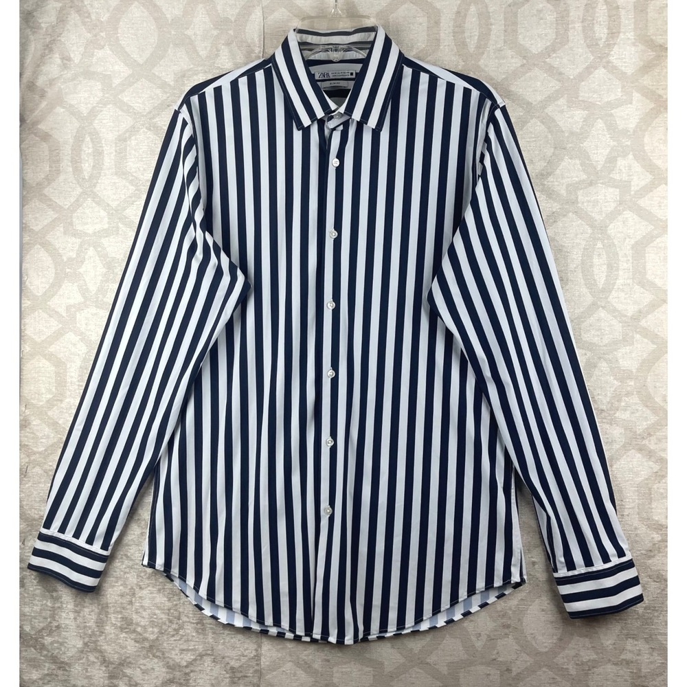 Zara Slim Fit Men's M White Black Striped Button Down Shirt Stretch Long Sleeve